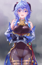 Rule 34 | 1girl, absurdres, ahoge, bare shoulders, black gloves, blue hair, bodystocking, breasts, clothes lift, cloud, cloudy sky, commentary request, cowboy shot, detached sleeves, ganyu (genshin impact), genshin impact, gloves, highres, horns, long hair, long sleeves, looking at viewer, medium breasts, noomaru (nomorepeople), open mouth, outdoors, partial commentary, purple eyes, rain, skirt, skirt lift, sky, solo, standing, thighs, very long hair, white skirt