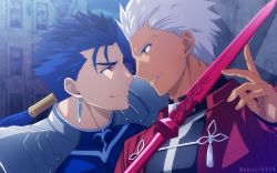 Rule 34 | 2boys, akujiki59, archer (fate), armor, blue bodysuit, blue hair, bodysuit, cu chulainn (fate), cu chulainn (fate/stay night), dark-skinned male, dark skin, eye contact, fate/stay night, fate (series), gae bolg (fate), holding, holding polearm, holding spear, holding weapon, looking at another, male focus, multiple boys, official style, pauldrons, pectorals, pointing weapon, polearm, ponytail, red eyes, short hair, shoulder armor, smile, spear, spiked hair, toned, toned male, kabedon, weapon, white hair