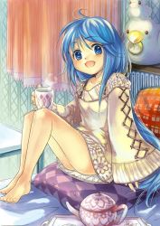 Rule 34 | barefoot, bed, blue eyes, blue hair, feet, kan satomi, long hair, original, solo, tea, very long hair