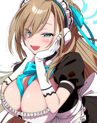 Rule 34 | 1girl, apron, aqua bow, aqua bowtie, aqua ribbon, asuna (blue archive), between breasts, black dress, blue archive, blue eyes, blush, bow, bowtie, breasts, brown hair, cleavage, commentary, dress, gloves, hair between eyes, hair ribbon, halo, hands on own cheeks, hands on own face, headphones, highres, large breasts, long hair, looking at viewer, maid headdress, mole, mole on breast, open mouth, ribbon, short sleeves, signature, simple background, solo, waist apron, white apron, white background, white gloves, zekkyou (h9s9)