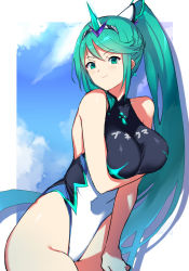 Rule 34 | 1girl, blue sky, blush, breasts, cloud, competition swimsuit, earrings, female focus, green eyes, green hair, highres, jewelry, large breasts, long hair, looking at viewer, matching hair/eyes, negresco, nintendo, one-piece, one-piece swimsuit, pneuma (xenoblade), ponytail, simple background, sky, smile, solo, spoilers, swept bangs, swimsuit, very long hair, xenoblade chronicles (series), xenoblade chronicles 2