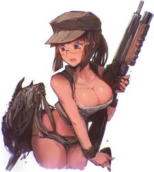 Rule 34 | 1girl, blush, breasts, brown eyes, brown hair, cleavage, cowboy shot, crop top, curvy, dog, fio germi, glasses, gun, hat, large breasts, leaning forward, madsensei, metal slug, midriff, mummy, open mouth, panties, pink panties, ponytail, rifle, round eyewear, short shorts, shorts, sidelocks, simple background, snk, solo, tearing clothes, torn clothes, torn shorts, undead, underwear, vest, weapon, white background