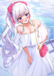Rule 34 | 1girl, :d, absurdres, alternate costume, alternate hairstyle, azur lane, bag, bare shoulders, belfast (azur lane), blue sky, blush, bow, cloud, collarbone, commentary request, day, dress, hair bow, handbag, head tilt, highres, huge filesize, jewelry, long dress, long hair, looking at viewer, marumai, necklace, off-shoulder dress, off shoulder, open mouth, outdoors, pink bow, pink bag, ponytail, purple eyes, railing, silver hair, sky, smile, solo, strapless, strapless dress, very long hair, water, white dress