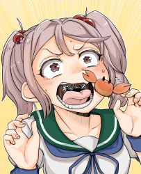 Rule 34 | 1girl, @ @, blue neckerchief, blue sailor collar, commentary request, crab, hair bobbles, hair ornament, highres, kantai collection, neckerchief, nose pinch, open mouth, pinching, pink eyes, pink hair, sailor collar, sazanami (kancolle), sazanami kai (kancolle), school uniform, serafuku, short hair, takasugi heppu, teeth, translation request, twintails, upper body