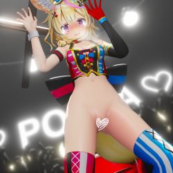 Rule 34 | 1girl, 3d, animal ear fluff, animal ears, belly, blonde hair, blush, censored, clown girl, clown hat, crying, crying with eyes open, fennec, fennec ears, fennec fox, fennec tail, hair ornament, hands up, heart, heart censor, highres, hololive, navel, no panties, no pants, omaru polka, photographer, purple eyes, pussy, solo focus, standing, tail, tears, tight clothes, u30a2u30c0u30e0u30b9u30dfu30b9, virtual youtuber