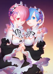 Rule 34 | 10s, 2016, 2girls, apron, black bow, black ribbon, blue eyes, blue hair, blush, bow, breasts, dated, detached sleeves, dress, eyelashes, frills, from side, gradient background, hair ornament, hair over one eye, hairband, highres, holding hands, interlocked fingers, looking at viewer, maid, medium breasts, multiple girls, one eye covered, parted lips, pink hair, ram (re:zero), re:zero kara hajimeru isekai seikatsu, red eyes, rem (re:zero), ribbon, shade, short hair, siblings, signature, sisters, twins, underbust, waist apron, white apron, wide sleeves, x hair ornament, xiao duzi