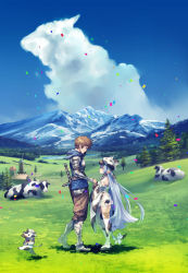 Rule 34 | 1boy, 1girl, blue hair, blue sky, brown hair, cloud, confetti, cow, cow hat, day, draph, forest, full body, gran (granblue fantasy), granblue fantasy, hood, hoodie, horns, lake, long hair, mountainous horizon, nature, outdoors, catura (granblue fantasy), shimotsuki eight, sky, standing, sword, tail, thighhighs, very long hair, weapon, wide sleeves, windmill