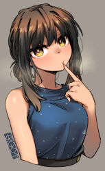 Rule 34 | 1girl, adapted costume, alternate breast size, belt, black belt, blue dress, breasts, brown hair, closed mouth, commentary request, cropped torso, dress, ergot, finger to mouth, fubuki (kancolle), green eyes, grey background, hair between eyes, head tilt, jewelry, kantai collection, looking at viewer, low ponytail, medium breasts, polka dot, polka dot dress, ring, sidelocks, signature, simple background, sleeveless, sleeveless dress, solo, upper body, wedding ring