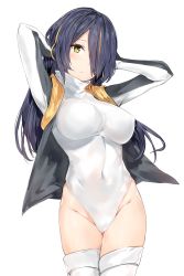 Rule 34 | 10s, 1girl, arms up, black hair, breasts, cameltoe, closed mouth, covered navel, cowboy shot, emperor penguin (kemono friends), expressionless, hair over one eye, headphones, highleg, highleg leotard, highres, hood, hooded jacket, hoodie, jacket, kemono friends, large breasts, leotard, long hair, looking at viewer, multicolored hair, open clothes, open hoodie, open jacket, silver (chenwen), simple background, solo, streaked hair, thighhighs, white background, white thighhighs, yellow eyes