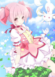 Rule 34 | 10s, 1girl, absurdres, bad id, bad nicoseiga id, bow, choker, dress, gloves, hair bow, highres, kaname madoka, kujou ichiso, kyubey, looking at viewer, mahou shoujo madoka magica, mahou shoujo madoka magica (anime), outstretched arms, pink eyes, pink hair, promotions (meme), puffy sleeves, short hair, short twintails, smile, spread arms, twintails