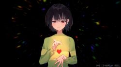 Rule 34 | 1other, black background, blue hair, blush, brown hair, chara (undertale), closed mouth, colored inner hair, green sweater, hands up, heart, highres, hrdrifter, long sleeves, looking at viewer, multicolored hair, puffy long sleeves, puffy sleeves, red eyes, short hair, simple background, single stripe, smile, solo, standing, striped clothes, striped sweater, sweater, undertale