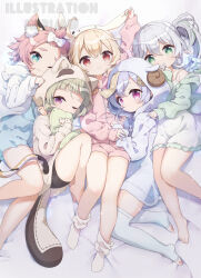 Rule 34 | 5girls, ;), animal ear fluff, animal ears, animal hood, arm up, bare shoulders, barefoot, bike shorts, black shorts, blonde hair, blue shorts, blue thighhighs, braid, brown jacket, cat ears, cat girl, cat tail, closed mouth, collarbone, commentary request, cross-shaped pupils, diona (genshin impact), dress, fake animal ears, fake horns, fake tail, feet, genshin impact, green eyes, green hair, green jacket, grey hair, hair between eyes, hood, hood down, hooded jacket, horns, jacket, klee (genshin impact), knees up, legs, long sleeves, multicolored hair, multiple girls, nahida (genshin impact), neki (wakiko), no shoes, hugging object, one eye closed, pillow, pillow hug, pink hair, pink jacket, pink shorts, puffy long sleeves, puffy sleeves, purple eyes, purple hair, purple jacket, qiqi (genshin impact), red eyes, sayu (genshin impact), sheep ears, sheep hood, sheep horns, short eyebrows, short shorts, shorts, side ponytail, sleeveless, sleeveless dress, sleeves past wrists, smile, socks, streaked hair, symbol-shaped pupils, tail, thick eyebrows, thighhighs, toeless legwear, toes, white dress, white jacket, white socks