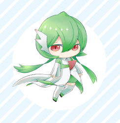 Rule 34 | 1girl, arms at sides, bad id, bad pixiv id, blue background, chibi, closed mouth, collared dress, creatures (company), dress, female focus, flat chest, full body, game freak, gardevoir, gen 3 pokemon, green footwear, green hair, green shorts, hair between eyes, half-closed eyes, highres, humanization, long hair, long sleeves, looking at viewer, nintendo, okaka (pixiv 76094340), pokemon, red eyes, shoes, short shorts, shorts, sleeves past wrists, solo, standing, striped, striped background, thighhighs, twintails, very long hair, vocaloid, white dress, white thighhighs
