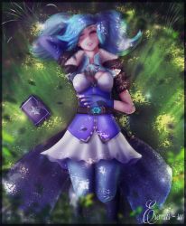 Rule 34 | 1girl, artist name, blue eyes, blue hair, book, boots, breasts, cleavage, eremas-su, evie (paladins), fingerless gloves, fur trim, gloves, grass, highres, knee boots, lying, nail polish, on back, paladins, pantyhose, solo, tree, twintails, under tree, waking up, witch
