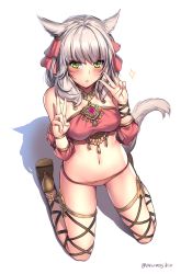 Rule 34 | 10s, 1girl, :o, absurdres, animal ears, arm ribbon, aruma jiki, bare shoulders, bikini, blush, breasts, cat ears, cat tail, commentary request, detached sleeves, double v, facial mark, final fantasy, final fantasy xiv, from above, green eyes, grey hair, hair ribbon, high heels, highres, jewelry, kneeling, leg ribbon, looking at viewer, looking up, medium breasts, miqo&#039;te, navel, necklace, open mouth, parted lips, ribbon, shadow, shoe soles, short hair, simple background, slit pupils, solo, strapless, swimsuit, tail, tassel, taut clothes, thigh ribbon, tube top, twitter username, v, warrior of light (ff14), whisker markings, white background