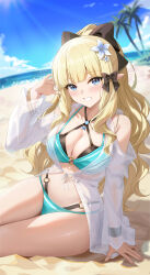 Rule 34 | 1girl, absurdres, blonde hair, breasts, cleavage, highres, large breasts, looking at viewer, outdoors, princess connect!, saren (princess connect!), saren (summer) (princess connect!), shenqi xiao hong zai nali, smile, solo, swimsuit