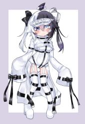 Rule 34 | 1girl, ahoge, belt, black eyes, black hair, unworn blindfold, boots, breasts, collar, full body, garter straps, hair ribbon, heterochromia, highres, multicolored hair, original, pigeon-toed, platform boots, platform footwear, ribbon, shrug (clothing), sleeves past wrists, small breasts, solo, split-color hair, standing, straitjacket, thigh boots, twintails, two-tone background, two-tone hair, ushiro (nkinoko), white eyes, white hair