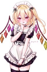 Rule 34 | 1girl, apron, black sleeves, black thighhighs, blonde hair, blush, choker, collarbone, commentary request, cowboy shot, crystal wings, embarrassed, fang, flandre scarlet, frilled apron, frilled choker, frilled headwear, frills, hair between eyes, hand up, head tilt, juliet sleeves, long sleeves, looking at viewer, maid, maid apron, maid headdress, naarsann, no nose, one side up, open mouth, pleated skirt, puffy sleeves, pulling own clothes, red eyes, shiny skin, short hair, short sleeves, skirt, solo, standing, teeth, thick thighs, thighhighs, thighs, touhou, twitter username, upper teeth only, white background, white choker, white wrist cuffs, wrist cuffs