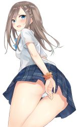 Rule 34 | 1girl, ass, azuuru (azure0608), back, blue eyes, blush, breasts, brown hair, hair ornament, hairclip, long hair, looking at viewer, open mouth, original, panties, revision, school uniform, simple background, small breasts, solo, sweatdrop, underwear, uniform, white background, white panties
