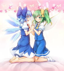 Rule 34 | 2girls, :d, ascot, ass, barefoot, blue bow, blue dress, blue eyes, blue hair, blue skirt, blue vest, blush, bow, bowtie, chima q, cirno, commentary request, daiyousei, dress, fairy wings, full body, green eyes, green hair, hair bow, highres, ice, ice wings, kneeling, looking at viewer, multiple girls, no shoes, open mouth, pinafore dress, pink background, profile, puffy short sleeves, puffy sleeves, red bow, red neckwear, shirt, short hair, short sleeves, side ponytail, skirt, skirt set, sleeveless dress, smile, socks, touhou, vest, white legwear, white shirt, wing collar, wings, yellow neckwear