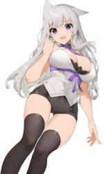 Rule 34 | 1girl, :d, akizone, bad id, bad twitter id, bare arms, bare shoulders, black shorts, black thighhighs, breasts, clenched hand, feet out of frame, final fantasy, final fantasy xiv, grey hair, hand up, highres, large breasts, long hair, looking at viewer, open mouth, purple ribbon, ribbon, shirt, shorts, simple background, smile, thighhighs, warrior of light (ff14), white background, white shirt