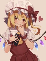 Rule 34 | 1girl, ascot, blonde hair, blush, closed mouth, collared shirt, crystal, flandre scarlet, frilled shirt collar, frilled sleeves, frills, hair between eyes, hat, heart, highres, holding, long hair, looking at viewer, mob cap, one side up, red eyes, red skirt, red vest, shirt, short sleeves, skirt, smile, solo, totoraisu, touhou, vest, white hat, white shirt, wings, yellow ascot