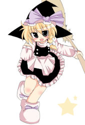 Rule 34 | 1girl, black eyes, black hat, blonde hair, bow, broom, female focus, hat, holding, holding broom, kirisame marisa, muuba, open mouth, solo, star (symbol), touhou, witch hat