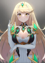 Rule 34 | 1girl, absurdres, blonde hair, breasts, chest jewel, cleavage cutout, closed mouth, clothing cutout, dress, elbow gloves, gloves, highres, hip vent, large breasts, long hair, looking at viewer, mythra (xenoblade), oruru63100814, smile, solo, straight hair, swept bangs, tiara, white dress, white gloves, xenoblade chronicles (series), xenoblade chronicles 2, yellow eyes