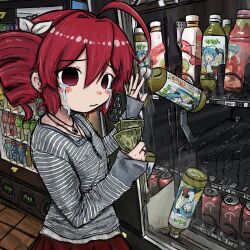 Rule 34 | 1girl, ahoge, banknote, blush stickers, bottle, bubbacterial, closed mouth, collared shirt, cowboy shot, crying, crying with eyes open, dollar bill, drill hair, hair between eyes, hatsune miku, highres, holding, holding money, jewelry, kasane teto, long sleeves, looking at viewer, medium hair, money, necklace, red eyes, red hair, red skirt, shirt, skirt, solo, standing, streaming tears, striped clothes, striped shirt, stuck, tears, twin drills, utau, vending machine, vocaloid