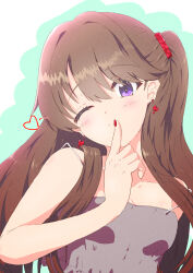 Rule 34 | 1girl, absurdres, arm behind back, breasts, brown hair, camisole, cleavage, collarbone, commentary request, earrings, finger to mouth, fujishima megumi, green background, grey camisole, hair over shoulder, half updo, head tilt, heart, heart earrings, highres, jewelry, link! like! love live!, long hair, looking at viewer, love live!, one eye closed, purple eyes, rakinegimagi, small breasts, solo, spaghetti strap, strap slip, swept bangs, two-tone background, upper body