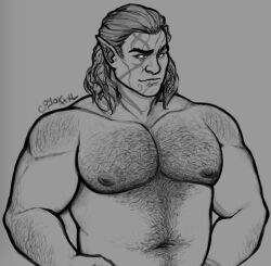 Rule 34 | 1boy, back hair, baldur&#039;s gate, baldur&#039;s gate 3, bara, belly, dungeons &amp; dragons, greyscale, hairy, halsin, highres, large pectorals, male focus, mature male, medium hair, monochrome, muscular, muscular male, navel, navel hair, nipple hair, nipples, nude, pectorals, pointy ears, smile, solo, stomach, thick arm hair, thick chest hair, thick eyebrows, thick navel hair, upper body, very hairy, weatherbane