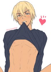 Rule 34 | 1boy, abs, amuro tooru, black shirt, blonde hair, blouse, blush, bottomless, clothes in mouth, clothes lift, grey background, hair between eyes, lifting own clothes, looking at viewer, male focus, meitantei conan, mouth hold, muscular, nipples, shirt, shirt in mouth, shirt lift, simple background, solo, tagme, teeth, undressing