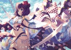 Rule 34 | 1girl, absurdres, bare arms, bare shoulders, bikini, blue eyes, blurry, breasts, cleavage, cowboy shot, depth of field, fate/grand order, fate (series), floating hair, floral print, goggles, goggles on head, hair ornament, halterneck, halterneck, highres, holding, holding sword, holding weapon, huge filesize, katana, katsushika hokusai (fate), katsushika hokusai (swimsuit saber) (fate), leg belt, long hair, looking at viewer, medium breasts, navel, purple hair, rosuuri, scan, smile, solo, swimsuit, sword, v-shaped eyebrows, very long hair, weapon, white bikini, wide shot