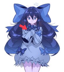 Rule 34 | 1girl, absurdres, arrow (symbol), bad id, bad pixiv id, blanchat, blue bow, blue dress, blue eyes, blue flower, blue hair, blue rose, blush, bow, closed mouth, dress, flower, flying sweatdrops, hair between eyes, hair bow, highres, little witch nobeta, long hair, long sleeves, ribbon-trimmed dress, rose, simple background, sleeves past fingers, sleeves past wrists, solo, tania (little witch nobeta), thigh gap, tied sleeves, transparent background, very long hair, white background