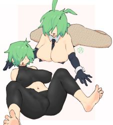 Rule 34 | 1futa, barefoot, breasts, covered penis, drooling, futanari, green hair, large breasts, leotard, nemge, nipples, playboy bunny, solo, thick thighs, thighs