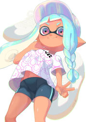 Rule 34 | 1girl, arm up, baseball cap, bike shorts, black shorts, blue hair, braid, breasts, dark-skinned female, dark skin, from below, hand on own cheek, hand on own face, hat, highres, inkling, inkling girl, inkling player character, long hair, looking at viewer, looking down, medium breasts, minamidena, navel, nintendo, pointy ears, print shirt, red eyes, shirt, short shorts, short sleeves, shorts, smile, solo, splatoon (series), suction cups, tentacle hair, thighs, v, white hat, white shirt
