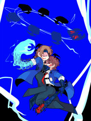 Rule 34 | 2boys, ass, baseball bat, black pants, blue background, blue coat, blue gloves, brown hair, coat, electricity, gauntlets, gloves, gregor (project moon), hand on another&#039;s waist, hcc1bai, heathcliff (project moon), holding, holding baseball bat, limbus company, looking at viewer, low ponytail, medium hair, multiple boys, nail, nail bat, pants, parted bangs, project moon, red eyes, shock centipede (project moon), simple background