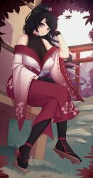 Rule 34 | 1girl, bad id, bad twitter id, black gloves, black pantyhose, breasts, closed mouth, geta, gloves, hair ornament, hairclip, hand up, highres, japanese clothes, kimono, large breasts, long sleeves, looking at viewer, off shoulder, original, pantyhose, ponytail, purple eyes, red kimono, shellvi, sitting, smile, solo, wide sleeves