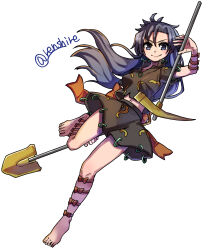 Rule 34 | 1girl, barefoot, black shirt, black skirt, breasts, closed mouth, commentary, full body, grey eyes, grey hair, highres, himemushi momoyo, holding, holding pickaxe, holding shovel, long hair, looking at viewer, medium breasts, navel, one-hour drawing challenge, pickaxe, ponytail, renshirenji, shirt, shovel, simple background, skirt, smile, solo, touhou, twitter username, white background
