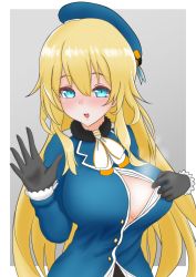 Rule 34 | 1girl, absurdres, aqua eyes, ascot, atago (kancolle), beret, black gloves, blonde hair, blue hat, border, breasts, daichi (daiti1318), gloves, grey background, hat, highres, kantai collection, large breasts, long hair, military, military uniform, open clothes, solo, two-tone background, uniform, upper body, white ascot, white border