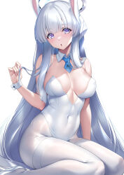 Rule 34 | 1girl, animal ears, bare shoulders, blue archive, blue necktie, blush, breasts, cleavage, covered navel, detached collar, fake animal ears, halo, highleg, highleg leotard, highres, ken ill, large breasts, leotard, long hair, looking at viewer, necktie, noa (blue archive), pantyhose, playboy bunny, purple eyes, rabbit ears, sitting, smile, solo, thighs, wariza, white hair, white leotard, white pantyhose, wrist cuffs, yuuka (blue archive)