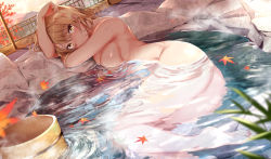 Rule 34 | 1girl, ass, autumn leaves, bathing, blush, breasts, bucket, closed mouth, commentary request, completely nude, convenient censoring, isshiki iroha, large breasts, leaf, long hair, looking at viewer, lying, maple leaf, nude, on side, onsen, outdoors, partially submerged, rock, sideboob, smile, solo, steam, towel, water, wet, yahari ore no seishun lovecome wa machigatteiru., yellow eyes, yukishiro arte