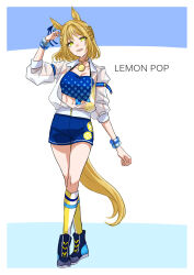 Rule 34 | 1girl, animal ears, blonde hair, blue shorts, breasts, character name, choker, cleavage, collarbone, earrings, hair between eyes, hand up, highres, horse ears, horse girl, horse tail, jacket, jewelry, lemon pop (racehorse), long sleeves, looking at viewer, medium hair, mommy maro, see-through, shirt, shoes, shorts, simple background, smile, solo, tail, thighhighs, umamusume, white background, white thighhighs, yellow choker, yellow eyes
