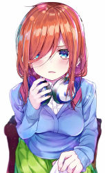 Rule 34 | 1girl, absurdres, blue cardigan, blue eyes, blurry, blush, breasts, cardigan, chair, clothes tug, commentary request, depth of field, eyes visible through hair, fingernails, go-toubun no hanayome, green skirt, hair over one eye, headphones, headphones around neck, highres, long hair, long sleeves, looking at viewer, medium breasts, nakano miku, parted lips, pov, red hair, rouka (akatyann), shirt, simple background, sitting, skirt, solo, upper body, v-shaped eyebrows, white background, white shirt