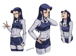 Rule 34 | blackfire, breasts, closed eyes, closed mouth, commentary, covered navel, dc comics, english commentary, frown, genniax, highres, long hair, looking at viewer, looking to the side, medium breasts, multiple views, purple eyes, purple hair, simple background, skirt, smile, teen titans, thighhighs, thighs, white background