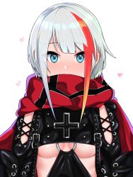 Rule 34 | 1girl, admiral graf spee (azur lane), azur lane, black gloves, blue eyes, blunt bangs, blush, breasts, cape, covered mouth, cross, eyes visible through hair, gloves, heart, highres, long sleeves, looking at viewer, multicolored hair, nezuko, o-ring, red cape, scarf, scarf over mouth, sidelocks, silver hair, simple background, solo, streaked hair, underboob, upper body, white background
