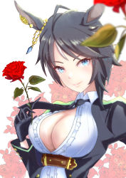 Rule 34 | 1girl, absurdres, ahoge, animal ears, bad id, bad pixiv id, black gloves, black hair, black necktie, blue eyes, breasts, center opening, cleavage, closed mouth, collared shirt, commentary, dress shirt, ear ornament, ear piercing, floral background, flower, frilled shirt, frills, fuji kiseki (umamusume), gloves, highres, holding, holding flower, horse ears, horse girl, jacket, kohakuirosuki, large breasts, long sleeves, looking at viewer, multicolored hair, necktie, partially unbuttoned, piercing, resolution mismatch, rose, shirt, short hair, sidelocks, simple background, smile, solo, source larger, standing, umamusume, underbust, upper body, white background, white hair, white shirt