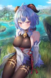 Rule 34 | 1girl, absurdres, ahoge, bare shoulders, bell, black pantyhose, blue hair, blush, breasts, chinese knot, covered erect nipples, detached sleeves, flower knot, ganyu (genshin impact), genshin impact, gold trim, highres, horns, lap, light smile, long hair, looking at viewer, medium breasts, mihasu, neck bell, outdoors, pantyhose, purple eyes, sideboob, sidelocks, sitting, solo, tassel, thighlet, thighs, vision (genshin impact), white sleeves