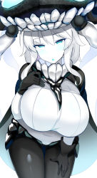 Rule 34 | 1girl, :o, absurdres, abyssal ship, aqua eyes, black gloves, bodysuit, breasts, cape, colored skin, gloves, glowing, glowing eyes, hat, headgear, highres, jakko, kantai collection, large breasts, long hair, looking at viewer, pale skin, solo, teeth, tentacles, white skin, wo-class aircraft carrier