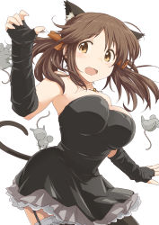 Rule 34 | 10s, 1girl, absurdres, animal ears, armpits, bare shoulders, black dress, black gloves, black thighhighs, blush, breasts, brown eyes, brown hair, cat ears, cat tail, dress, elbow gloves, fake animal ears, female focus, fingerless gloves, garter straps, gloves, hair ribbon, highres, idolmaster, idolmaster cinderella girls, jewelry, large breasts, mouse (animal), necklace, open mouth, pu-chin, ribbon, short dress, short hair, simple background, solo, strapless, strapless dress, tail, thighhighs, totoki airi, twintails, white background